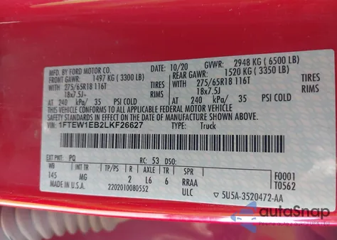 2020 Ford F-150 Xlt z USA, uszkodzony, nr VIN 1FTEW1EB2LKF26627